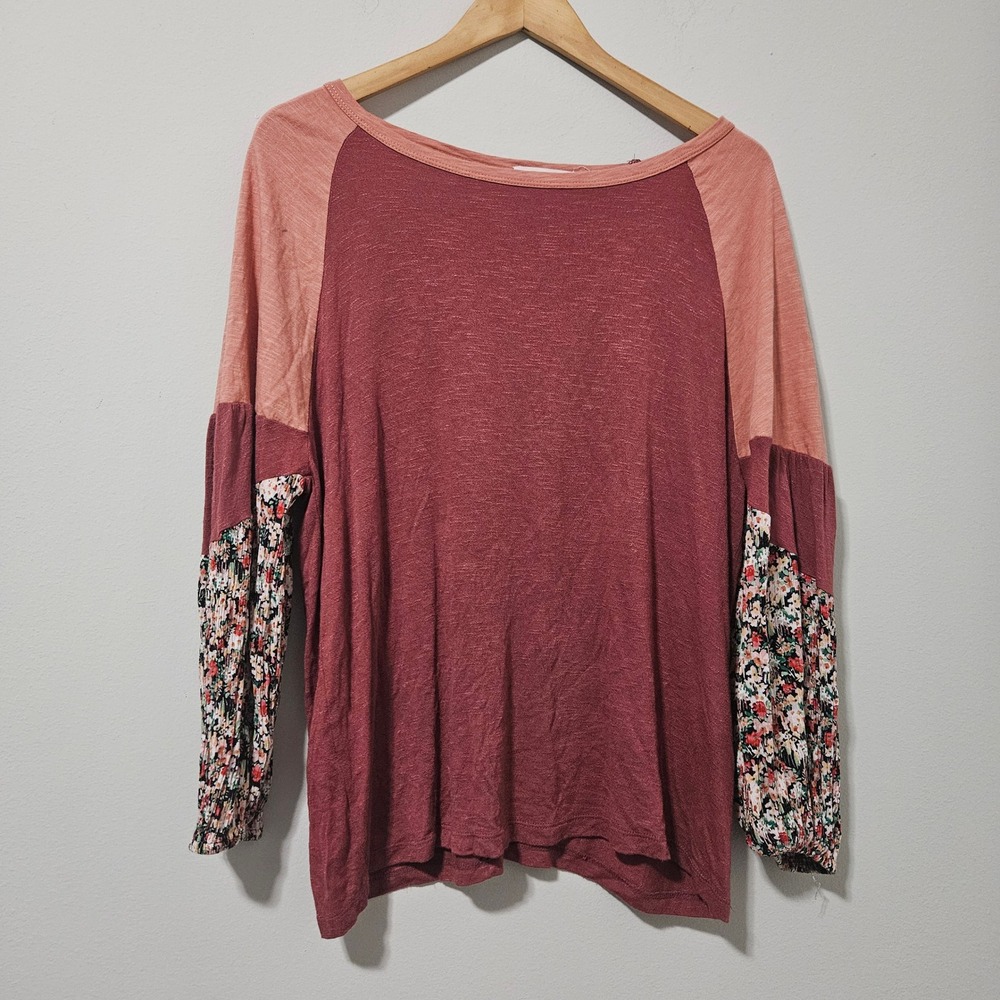 Byron Bay Women Floral Colorblock Raglan Long Sleeve Top Burgundy Peach Size M
